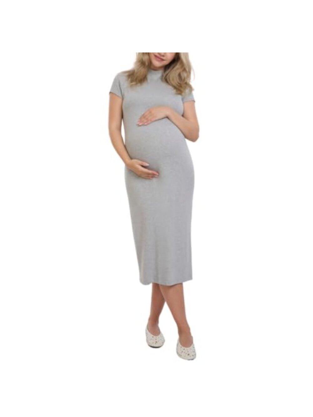 Maternity Midi Bodycon Dress Mock Neck Rib Knit